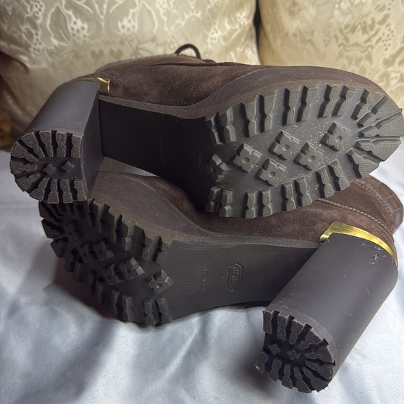 (E4) Stuart Weitzman Brown Suede Chunky Heel Lace Up Platform‎ Boots Size 7.5 - Picture 9 of 13